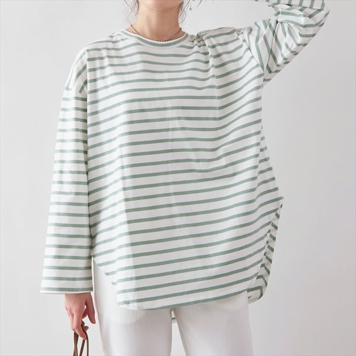 【カラフル&大人カジュアルなボーダー柄カットソー★】ラウンドヘム ボーダー柄シンプル長袖カットソー4カラー