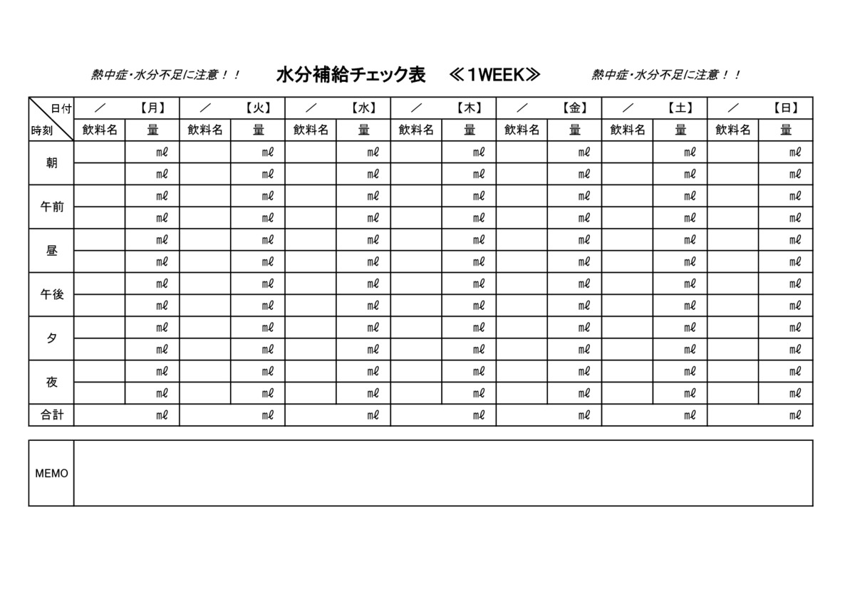 水分量チェック表のテンプレート！熱中症・水分不足・脱水症状を防ぐ 
