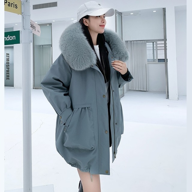 ラビットファー ライナー付きミドルコート ブルーグレー CT00045