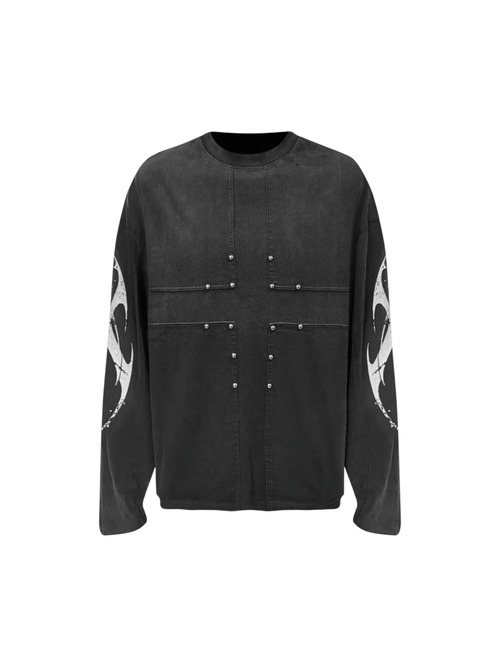 【TH4SWE】Cross Seam Studded Distressed Long Sleeve T-Shirt