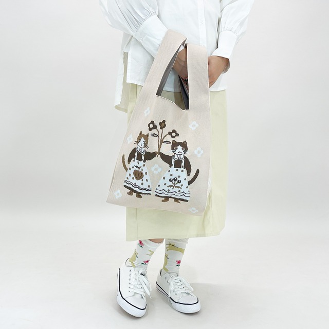 【Aiko Fukawa】布川愛子 KNIT MARCHE BAG  お花を掲げる猫たち ニットマルシェバッグ