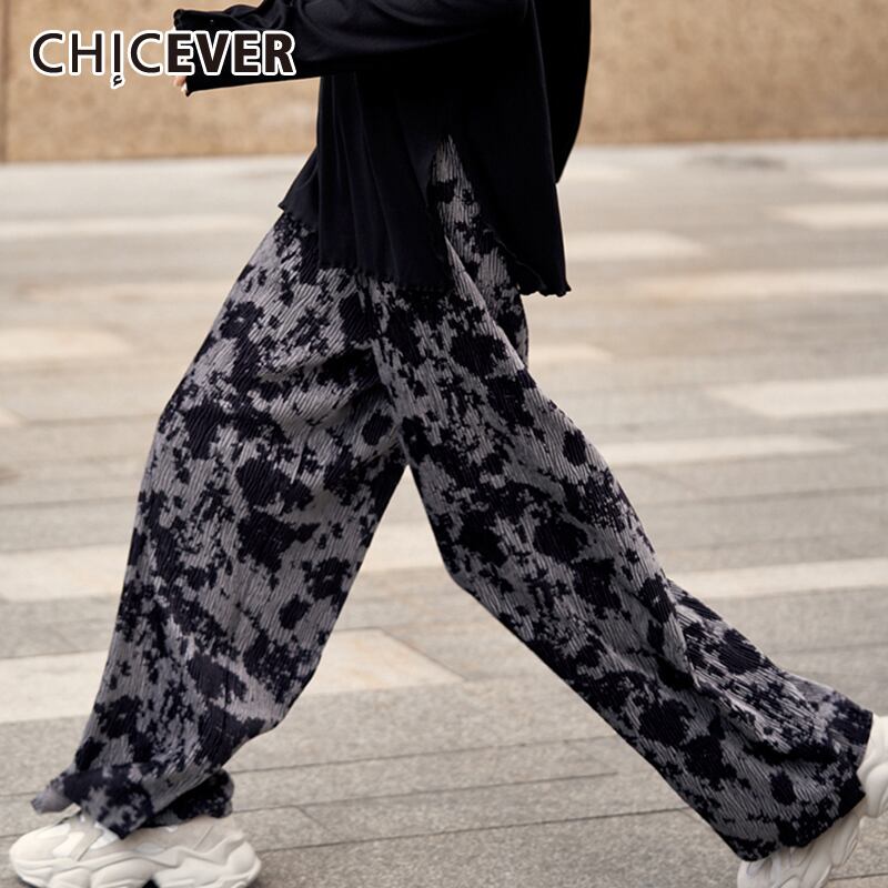 CHICEVERベロアフルレングスパンツレディースウエストタイダイプリントヒットカラーワイドレッグパンツ2020タイド ワイドパンツ 6base590044121410