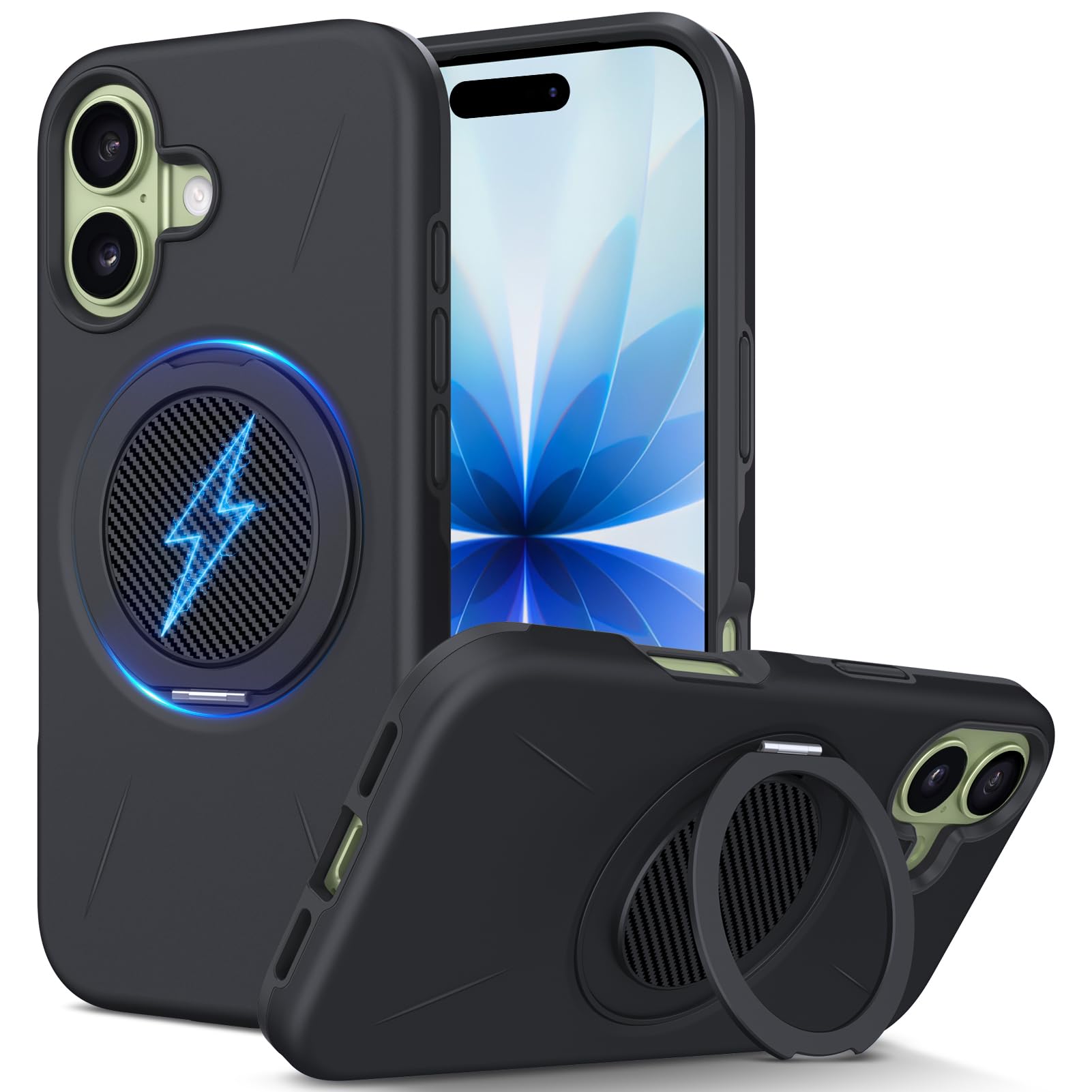 TLOMPLO 対応 iPhone 16 ケース magsafe対応 360°回転スタンド 耐衝撃 米軍MIL規格 強磁力 黒