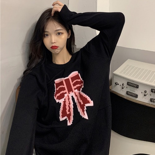 ✞ リボンプリント柄ニットプルオーバー シャツブラウスウィンターセーター 大人女子☆ ロング スウィート 冬物 ✞ゴスロリ SM ミリ 甘ロリ クラロリ 和ロリ エレガント 黒ロリ 姫ロリ 華ロリ BB-BB8060788416