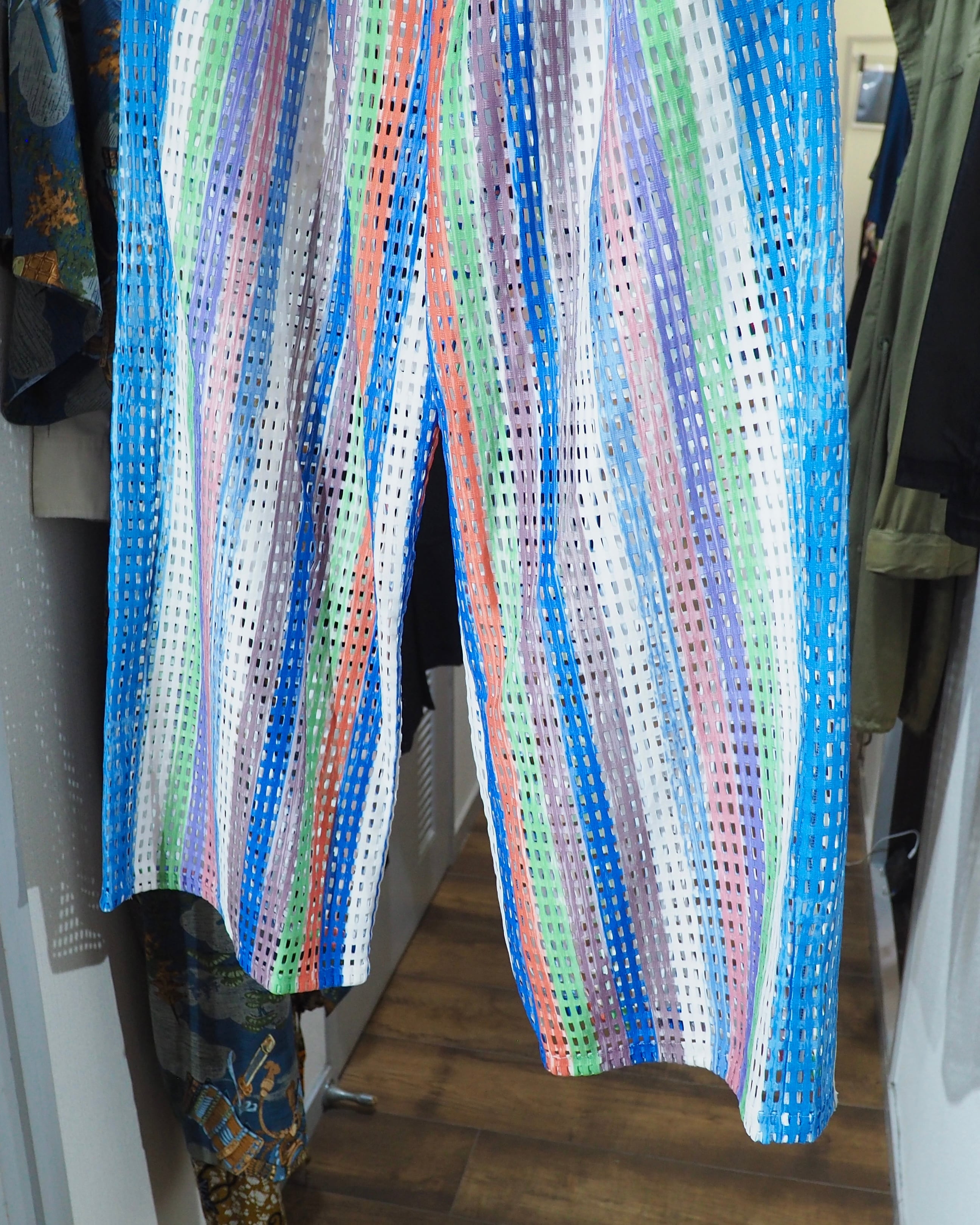 16SS " PLASTIC TOKYO " Multi Color Stripe painted Sheer Wide Pants