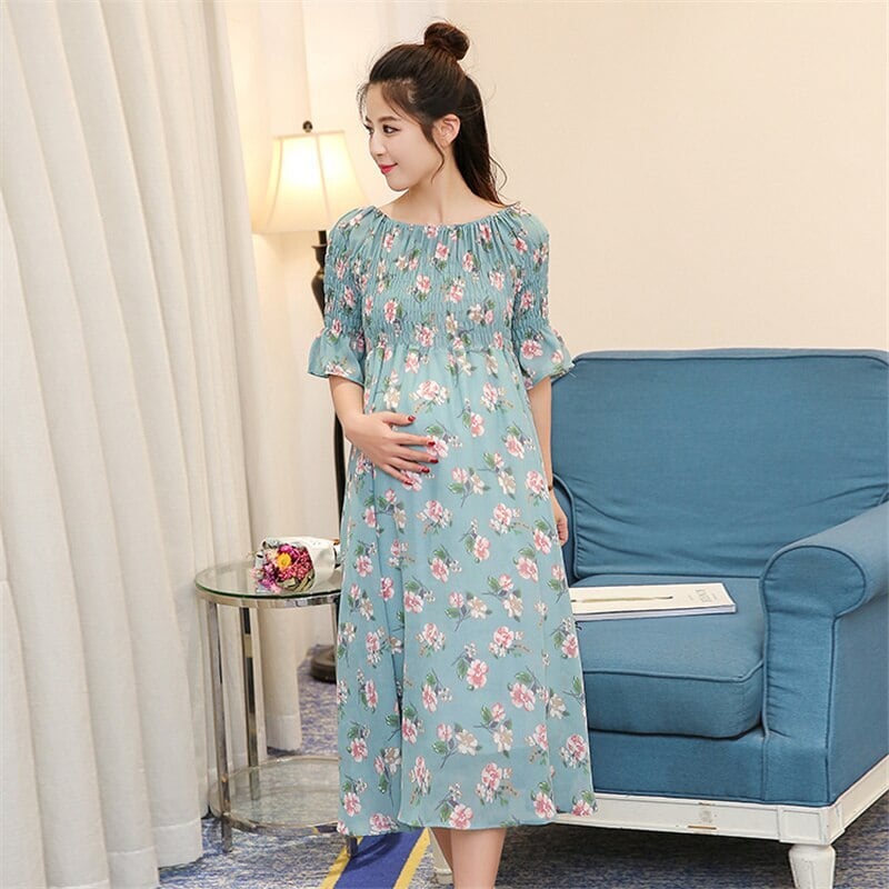 【新作】【送料無料】 2018サマーブルーフローラルシフォンドレス妊婦ストレッチショルダーハーフスリーブマタニティボヘミアンドレス素敵 半袖 夏物 花柄 AL expec360823447697