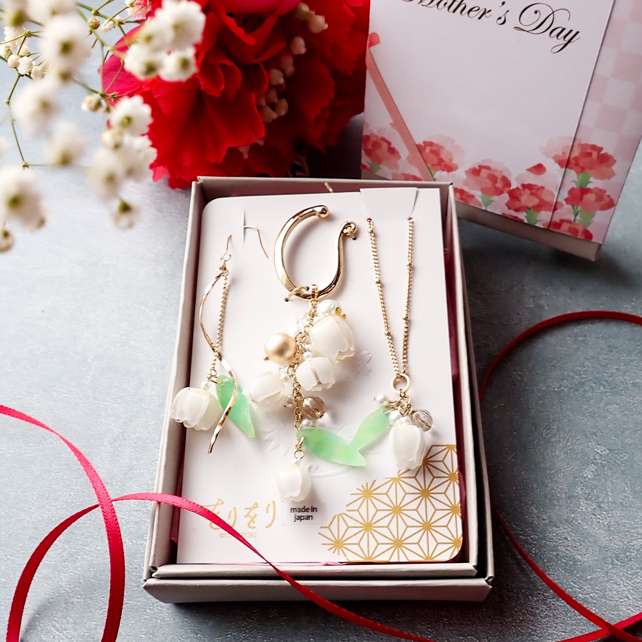 母の日ギフト　すずらんの2WAYネックレス＆イヤーカフ・イヤリング（ピアス）セット　送料無料・ラッピング無料