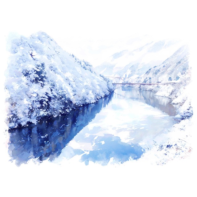 絵画 日本 富山県 冬 雪の庄川峡の風景 インテリアアート額付き 水彩画・油絵風 WAT0106