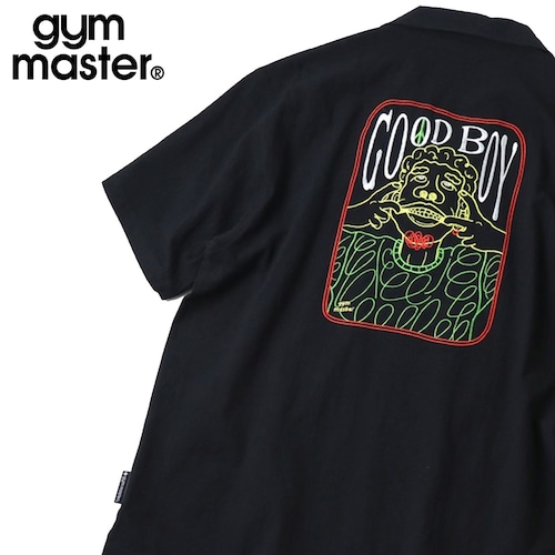 gym master ジムマスター GOOD BOY 刺繍シャツ メンズ レディース 開襟シャツ 半袖 オープンカラー バック刺繍 ビッグシルエット コットン100% 夏 カジュアル ペア ブラック