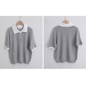 ポロニット レディース 夏 半袖 配色襟 サマーニット ニット ポロシャツ フロントボタン 五分袖 スキッパー風 きれいめ 韓国 プレッピー 大人可愛い 細見え 着回し オフィスカジュアル 通勤 大人 カジュアル [LS-CGT137]