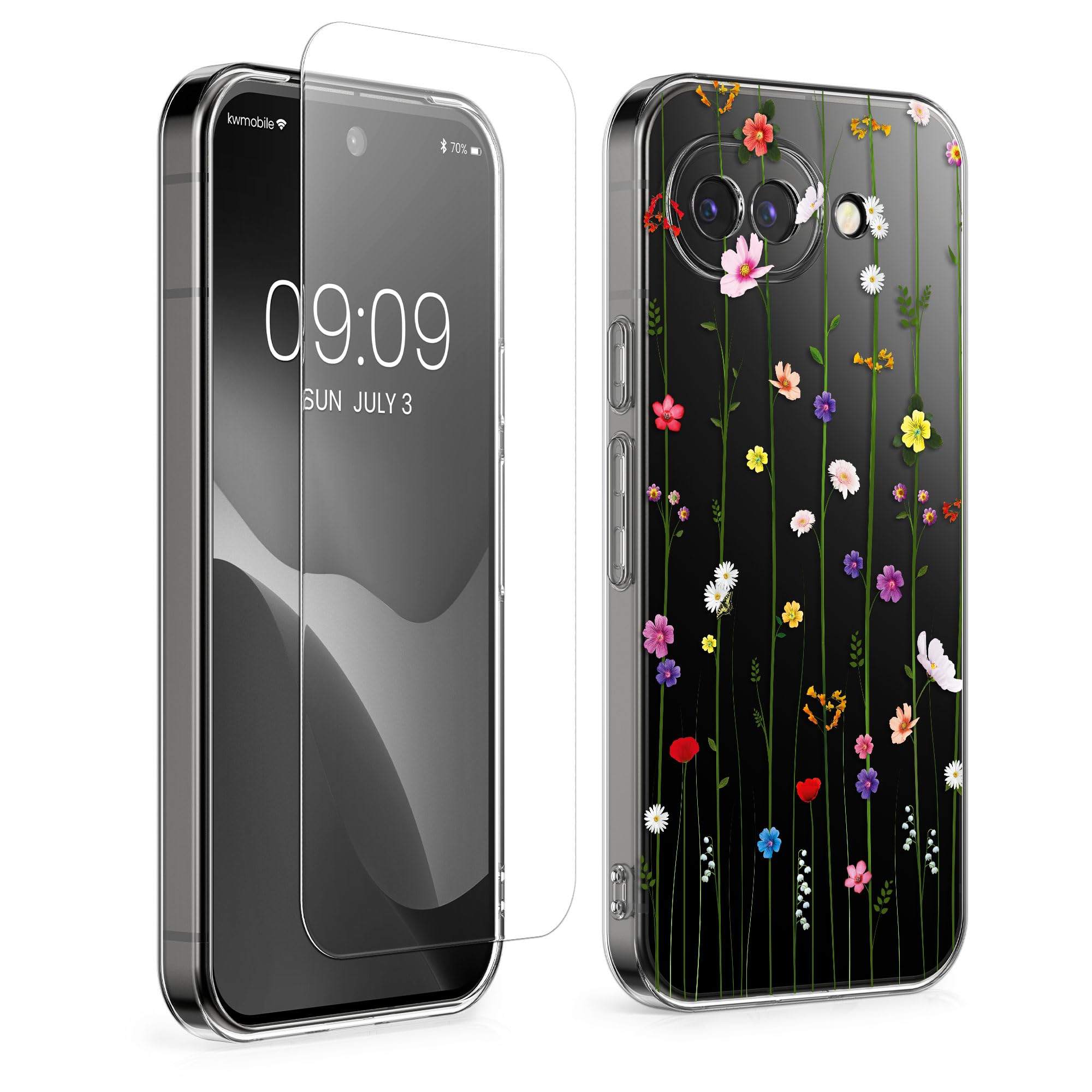 kwmobile スマホケース Google Pixel 10a対応 ケース - ガラスフィルム 耐衝撃 TPU クリア ソフト フラワー 巻きひげデザイン