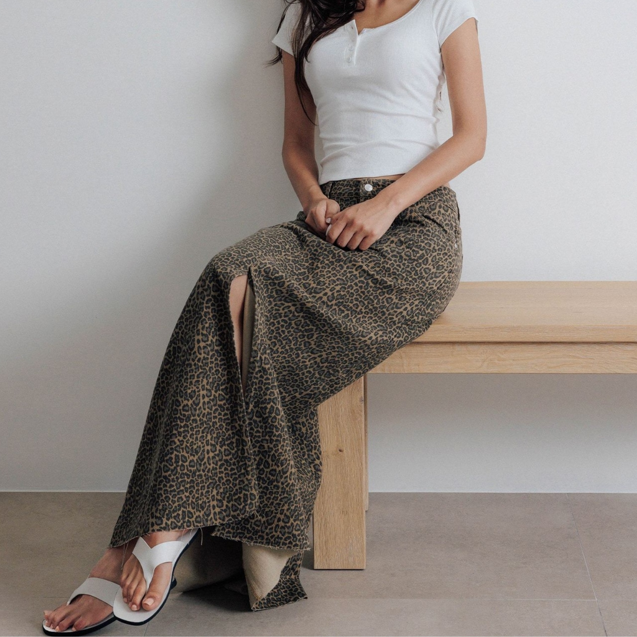 Leopard Print Front Slit Denim Long Skirt T3405