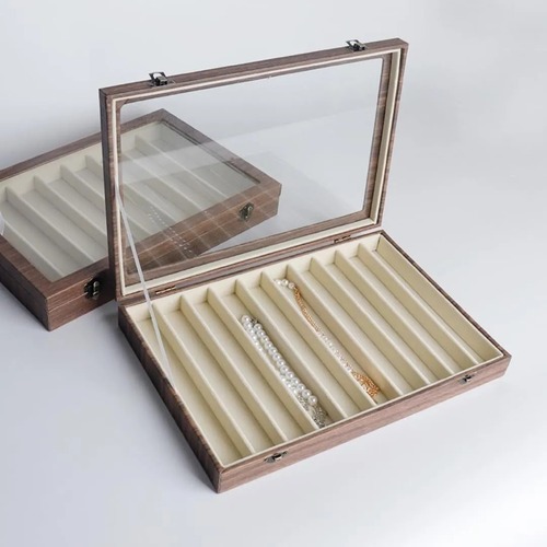 レトロ ジュエリー収納ボックス 蓋付き ネックレス ブレスレット 太いネック チェーン ディスプレイケース 透明 ガラス ジュエリー アクセサリー 宝石箱 ８ユニット １０ユニット 木目調 おしゃれ