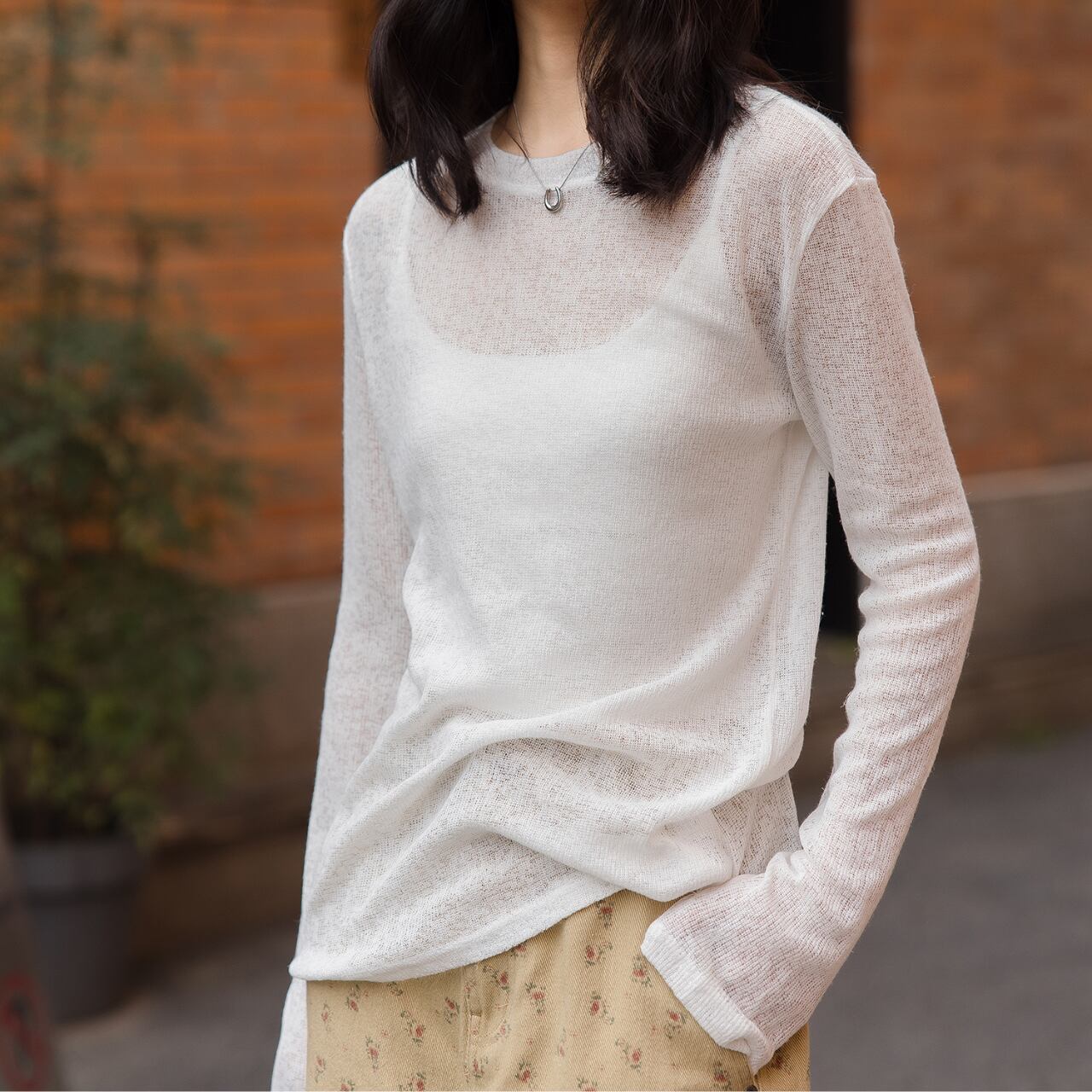 Sheer loose fit long sleeve T-shirts 00481