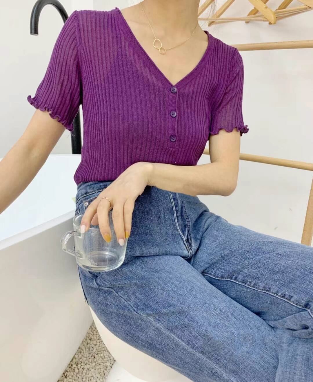 ヘンリーネック シアーリブトップス　AJ111-528-1