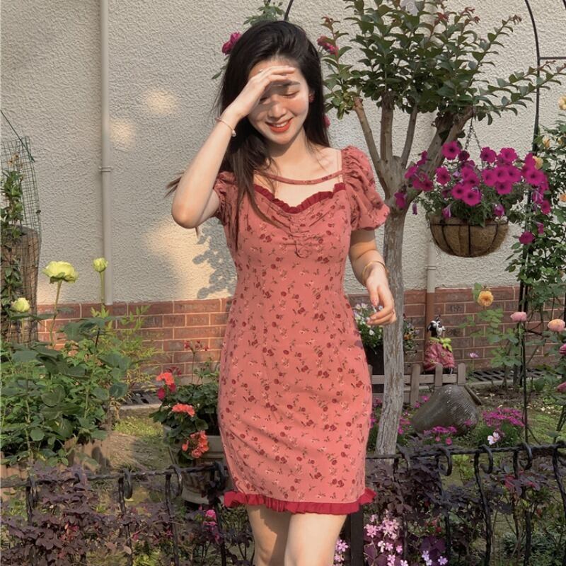 フローラルスタンダードショートスカート サマースタイルスリーブウェストプリントドレス レトロ 夏物 花柄 スクウェア ハンチェンe91309873280