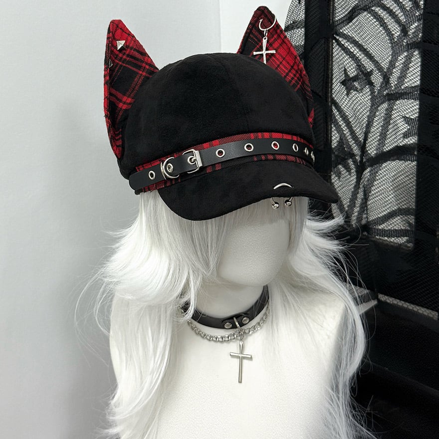 ゴスロリ猫耳帽子付き 地雷系 猫耳キャップ チェック柄×十字架装飾 ライブ向け｜WithU