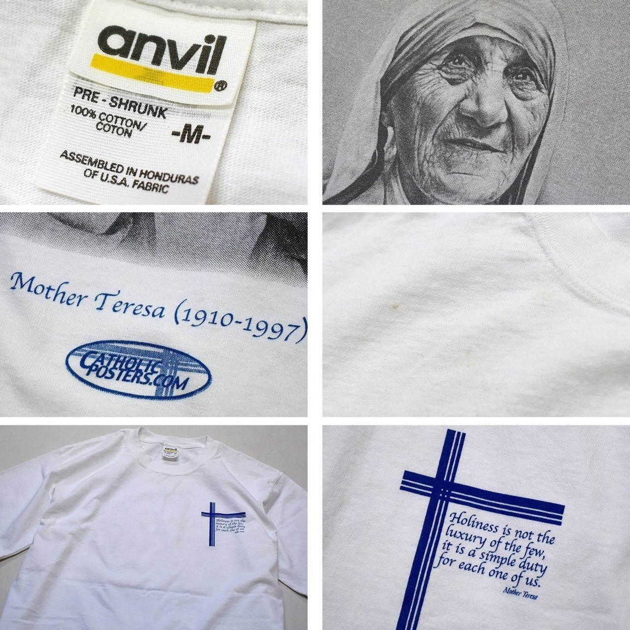1点物◇USA素材マザーテレサ白フォトプリントTシャツ古着メンズML 