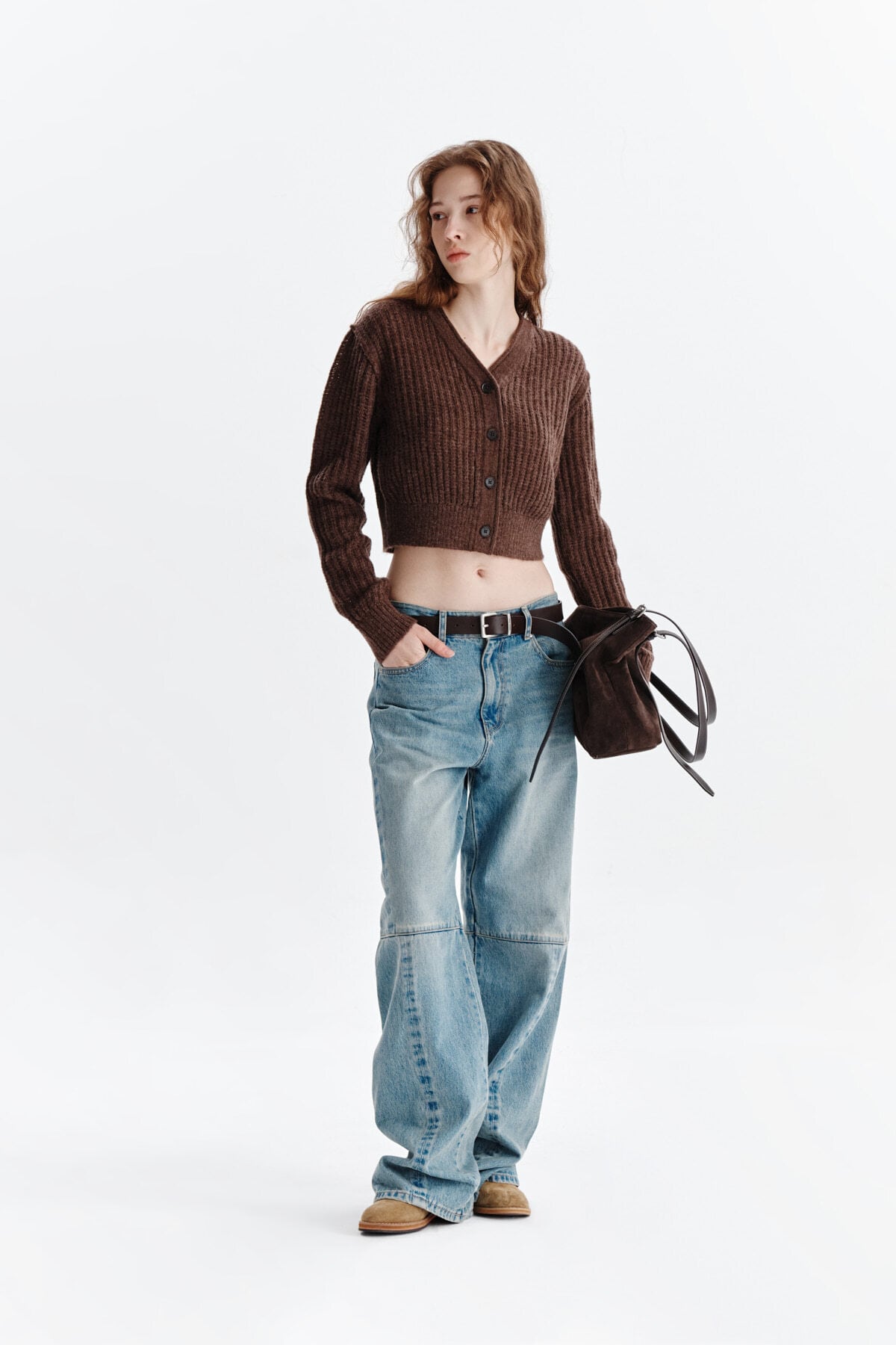 Matin Kim] HAIRY CROCHET CROP CARDIGAN FOR WOMEN IN BROWN 正規品