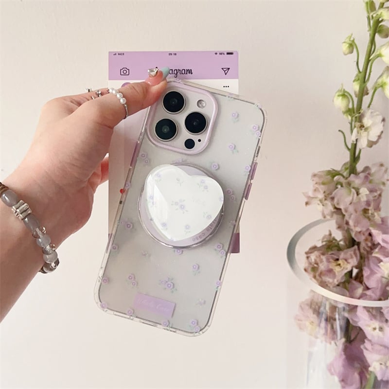 MagSafe対応】可憐なパープルフラワー◎マグネット式 ハート型 スマホ