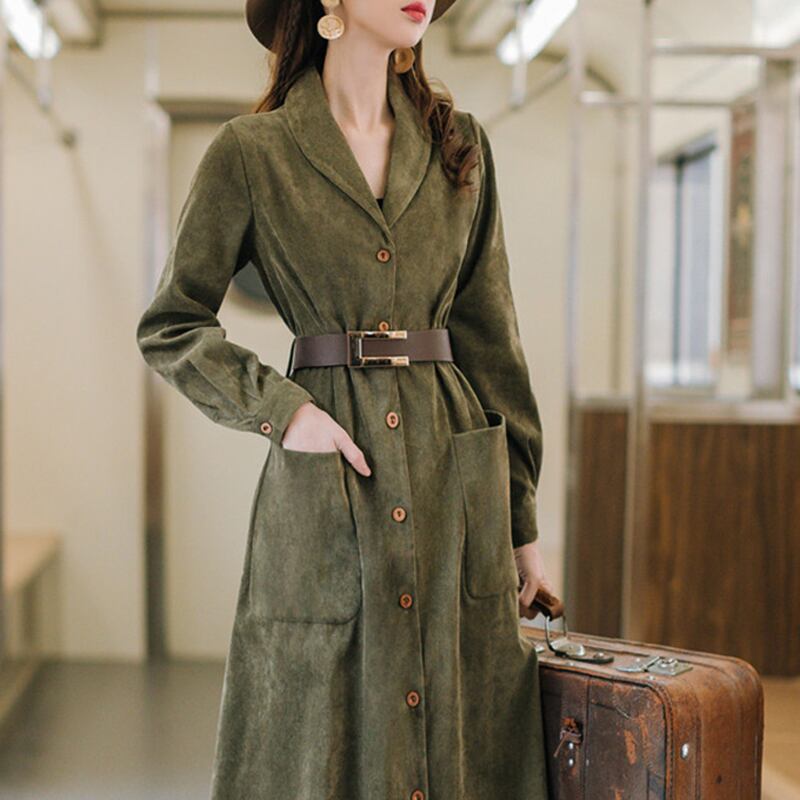 ワンピース コート風ワンピース 折襟 無地 素敵 ロング丈 大人女性 コーデュロイ生地 カジュアル Miyabigo ワンピース コート風ワンピース 折襟 無地 素敵 ロング丈 大人女性 コーデュロイ生地 カジュアル Miyabigo