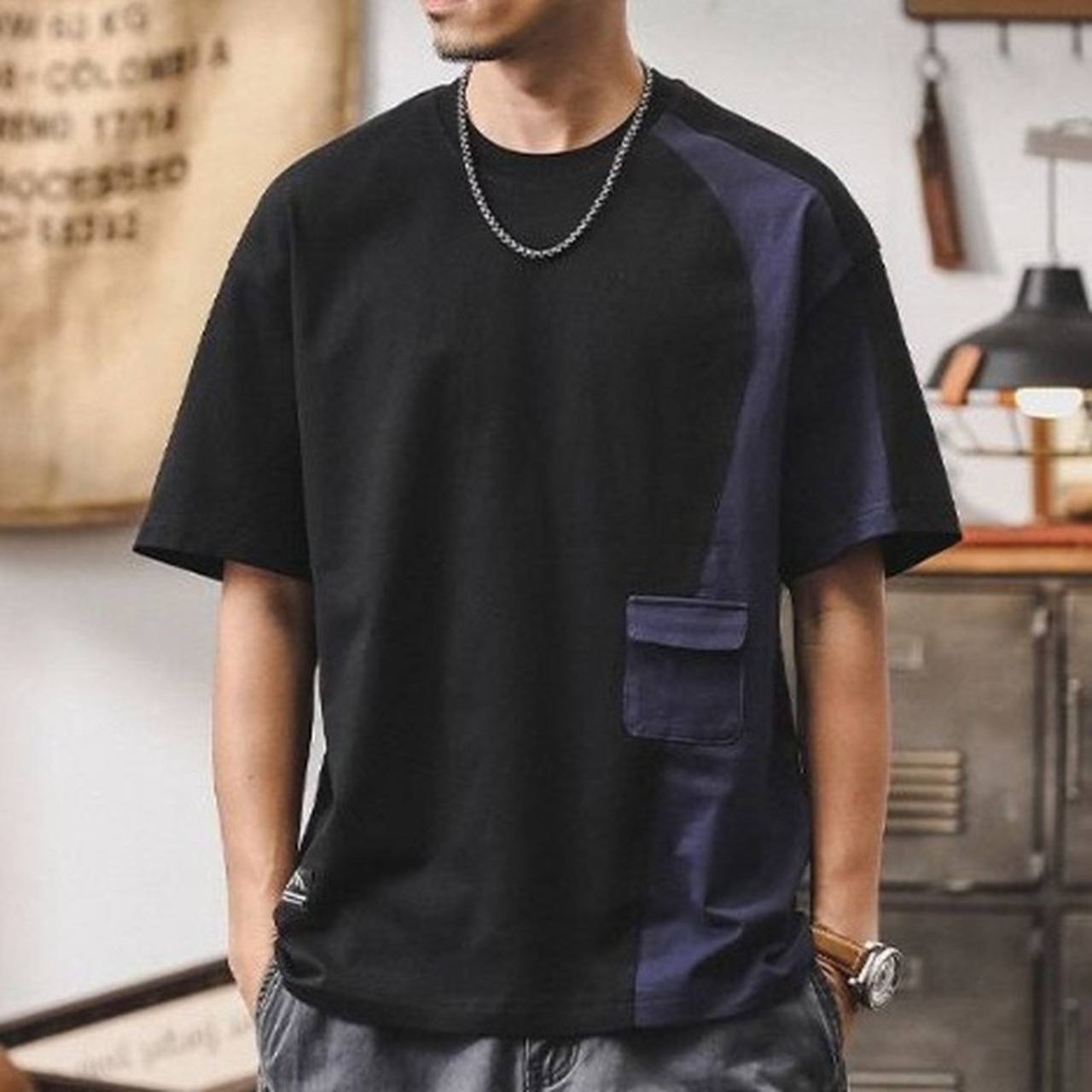 Bicolor Switch Design Short Sleeve Crew Neck T-Shirt ◇H0565