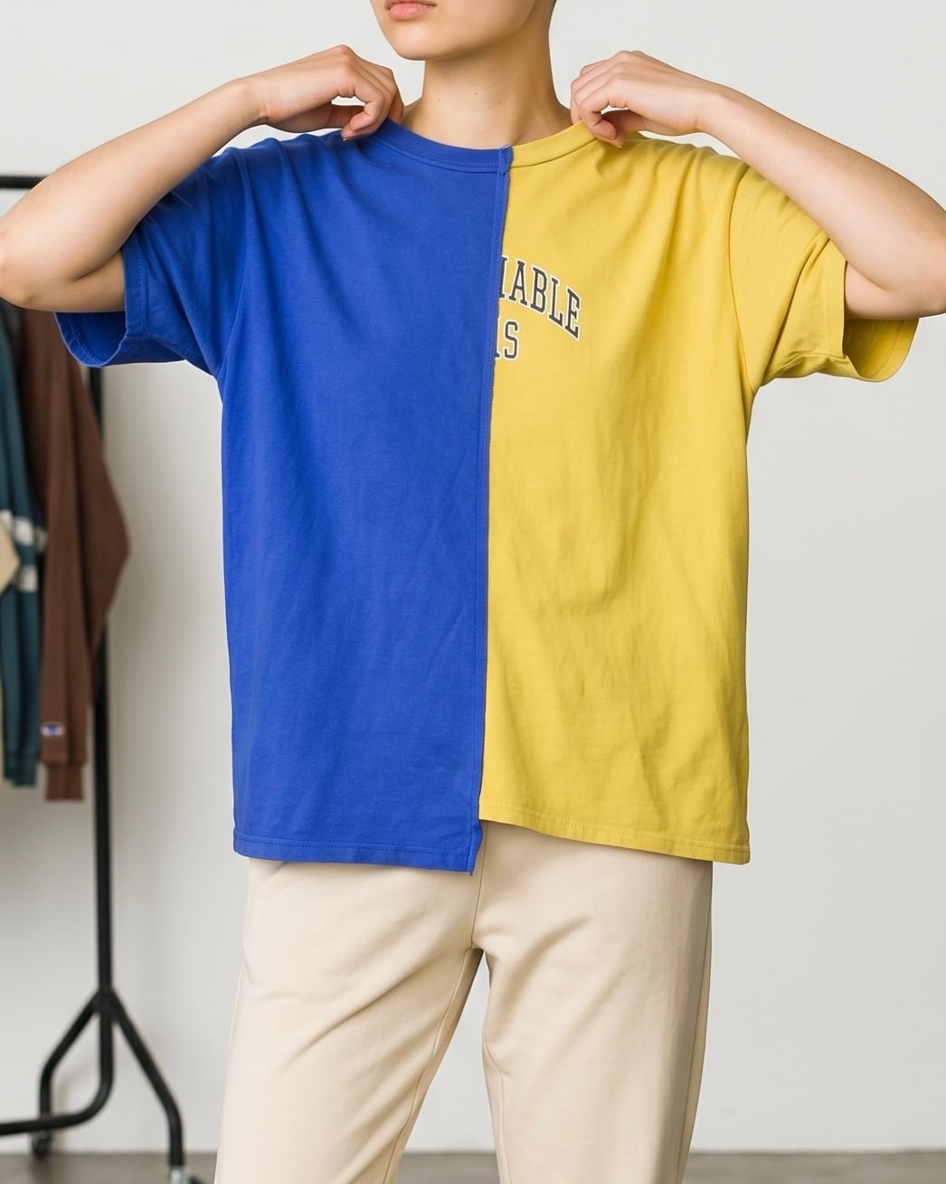 リメイク古着】バイカラー｜リメイクTシャツ｜ブルーイエロー #28