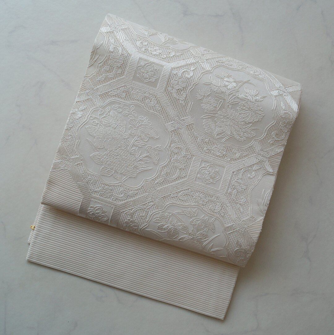 【夏ふくろ帯】生成り地 蜀江文汕頭刺繍 夏ふくろ帯