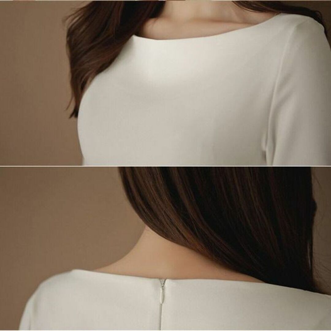 レディース XL ホワイト 白 袖レース タイト ひざ丈 ワンピース 7分袖