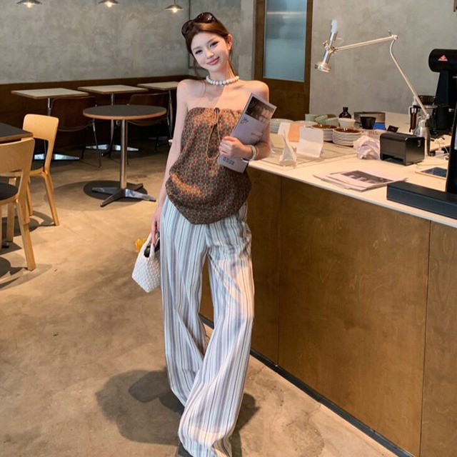 ボトムス ストライプ柄 配色 ワイドパンツ レディース ゆったり ロングパンツ