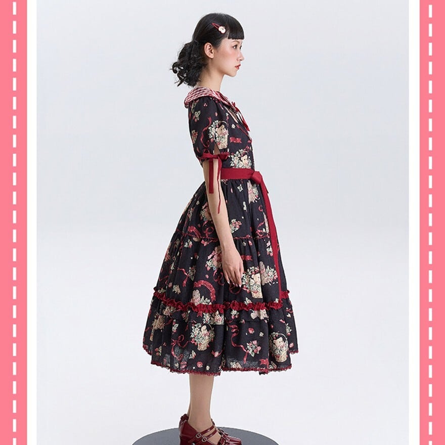 甘ロリ｜いちごとくま柄が広がるティアード ゆめかわいいワンピース