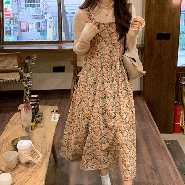 レトロガーリー フラワーフレアロングワンピース E1234 Retro N
