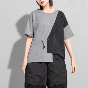 アシンメトリー アンバランスヘム Tシャツ レディース トップス カットソー オーバーサイズ ミディアム丈 5分袖 ドロップショルダー ラウンドネック 襟なし ドロストコード ジャケット風テーラードカラーデザイン 伸縮性 シンプル カジュアル 上品 おしゃれ かっこいい こなれ感 個性的 クール モード系 存在感 無地 春 夏 学生 学校 通学 お出かけ 休日 韓国 オルチャン コーデ 体型カバー 普段使い M L ゆったり ゆる 大きめ 左右非対称 灰色 グレー 白 ホワイト 黒 ブラック モノトーン