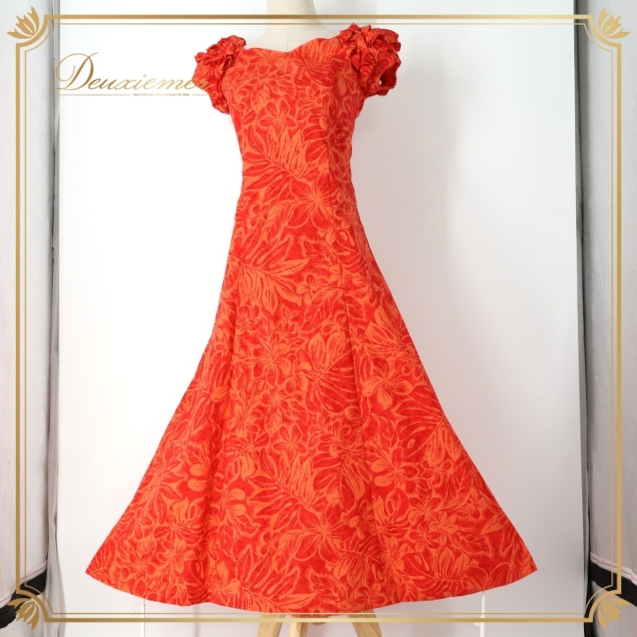 フラダンス 衣装 ワンピース ドレス レッド系 マーメイドライン エムエムジェイ MermaidLine MMJ 日本製 モンステラ柄 プルメリア柄 フリル袖 ハワイアンプリント アロハ フラ ダンス レッスン 練習 華やか 鮮やか かわいい おしゃれ オレンジ系 赤 橙 ダンス衣装 フラ衣装 かわいいドレス おしゃれなワンピース 女性用ドレス フリルデザイン ハワイアンスタイル 美しい ビビッドカラー