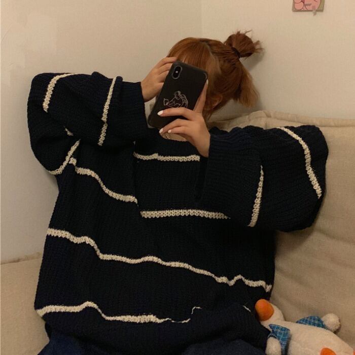 ルーズラウンドネックセーター オータムウィンターストライプスタイルプルオーバー シャツ 大きめサイズ 秋物 冬物 Oネック ケッペル75219043352