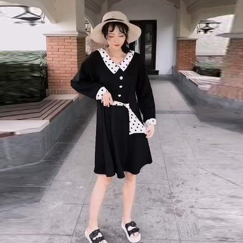プラスサイズの女性の腰と薄いデザインのファットmmブラックドレス、水玉スカート、新しい秋2020 ミックスインファッション46522455644