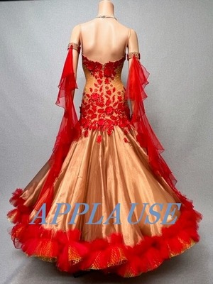 【新着】社交ダンス ドレス　スタンダード　モダンドレス　シャイニーブラウン＆レッド　M　ST-22-42　デモ・競技用ドレス　発表会衣装　パーティドレス　ワンピース　舞台衣装