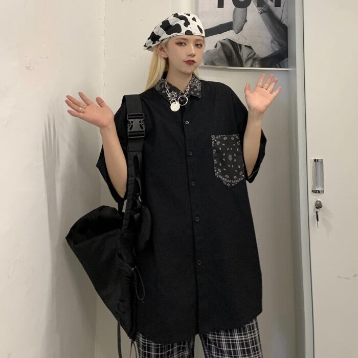 ダークサマールーズスリーブシャツ スタンダードカジュアルFlowerデザイン 半袖 レトロ ハーフスリーブ ストリート 夏物 フラワーデザイン ケッペル55724072339