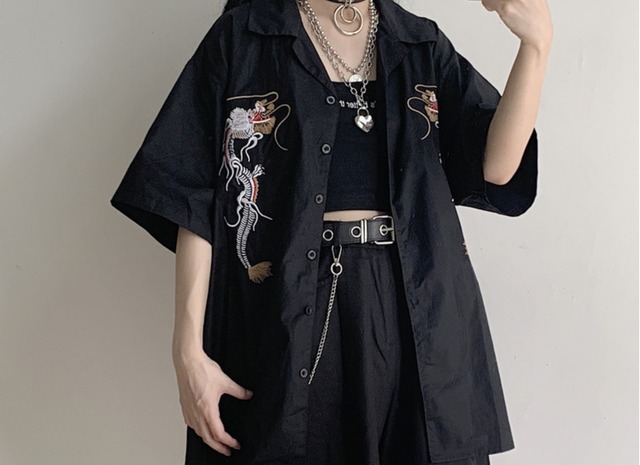 半袖 刺繍 ブラック かっこいい Tシャツ 龍 ストリート 韓国ファッション 130