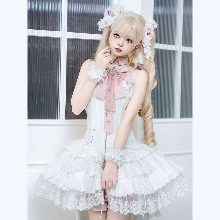 ロリータファッション 白薔薇リボンレースフリルOPセット | ロリィタ