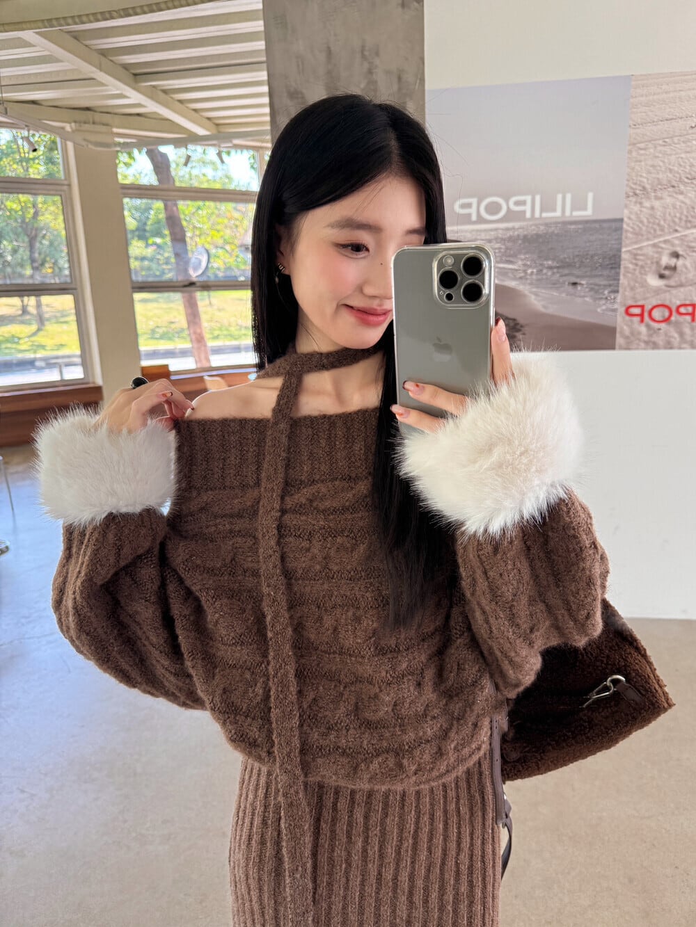 dress】チョーカー付袖ファーオフショルダーニットワンピース N2892