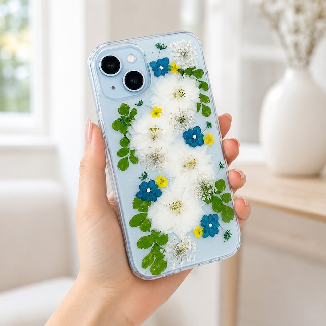 【ほぼ全機種対応スマホケース】押し花スマホケース NO.803 押し花＆レジン iPhone8以降全機種/Xperia/AQUOS/Galaxy他