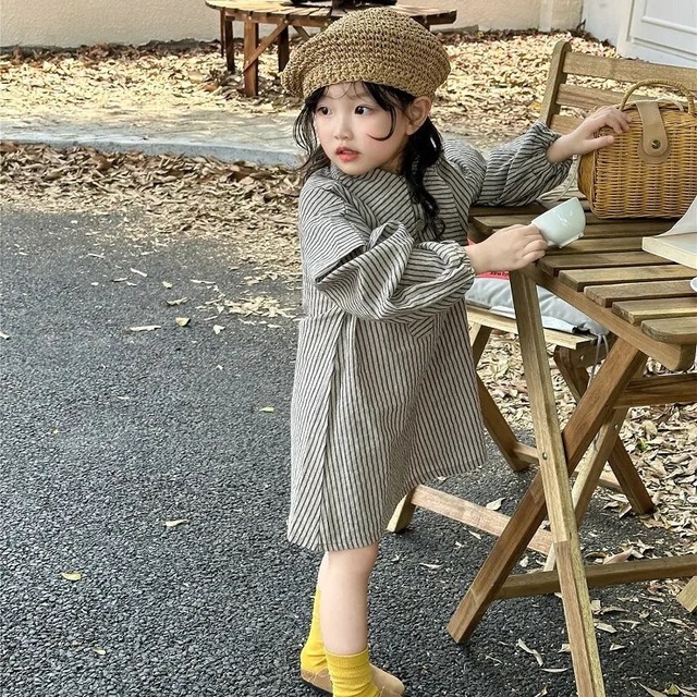 【取寄】個性が光るアシンメトリーカラーのストライプシャツワンピース