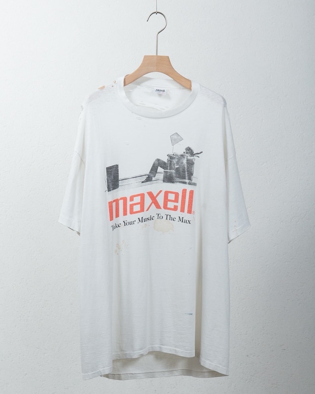 good damage & fade printed T-shirt "MAXELL" / single stitch / Made In USA