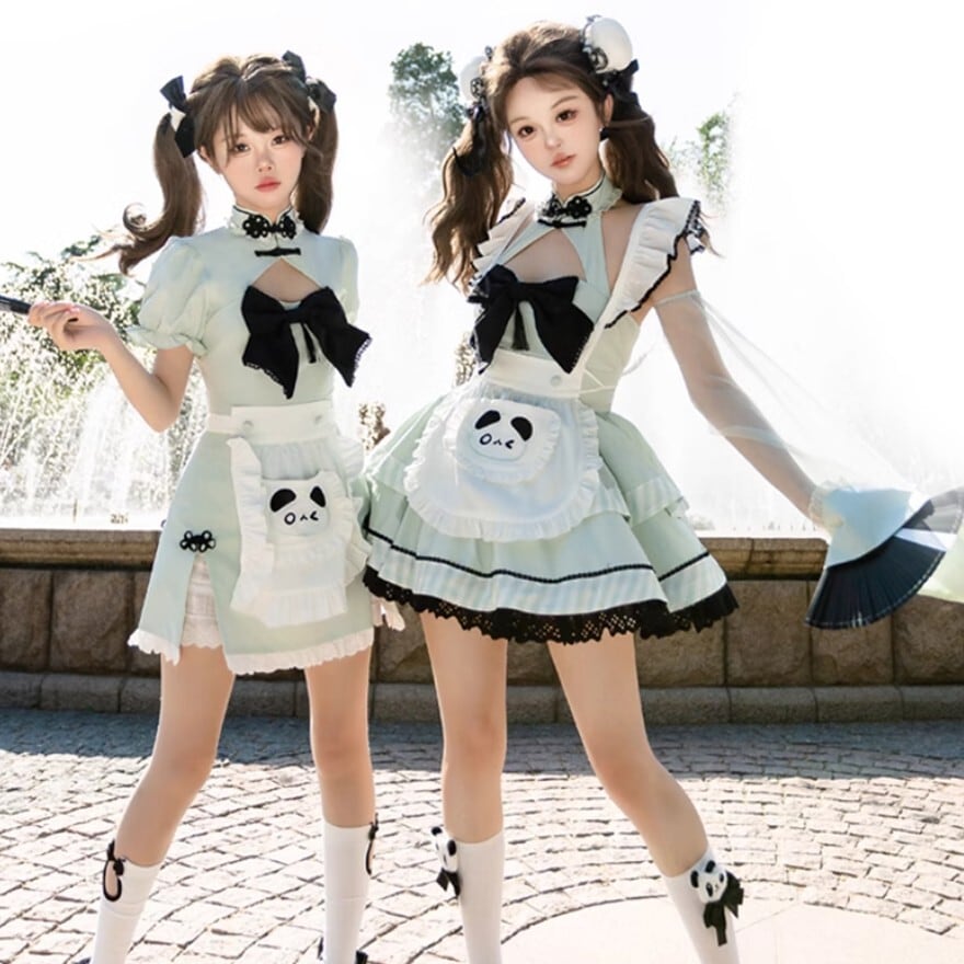 中華ロリータ メイドワンピース パンダ柄×エプロン セットアップ
