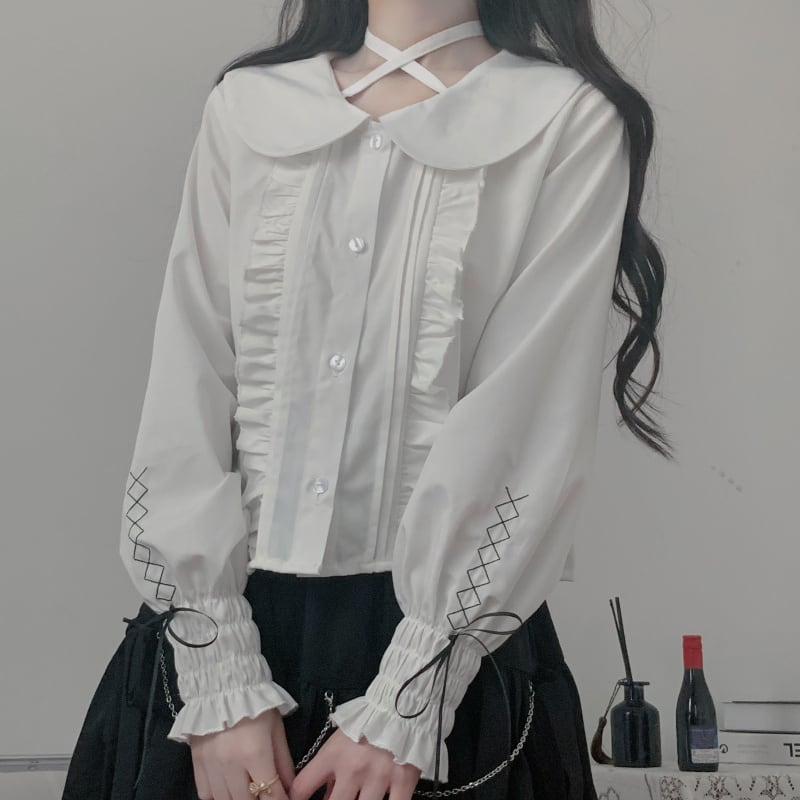 サブカル 服 地雷系 通販 ブラウス ネックフリル 袖コン 甘め かわいい 量産型 ロリィタ