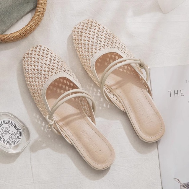 ラタン風編み込みフラットミュール　W00031