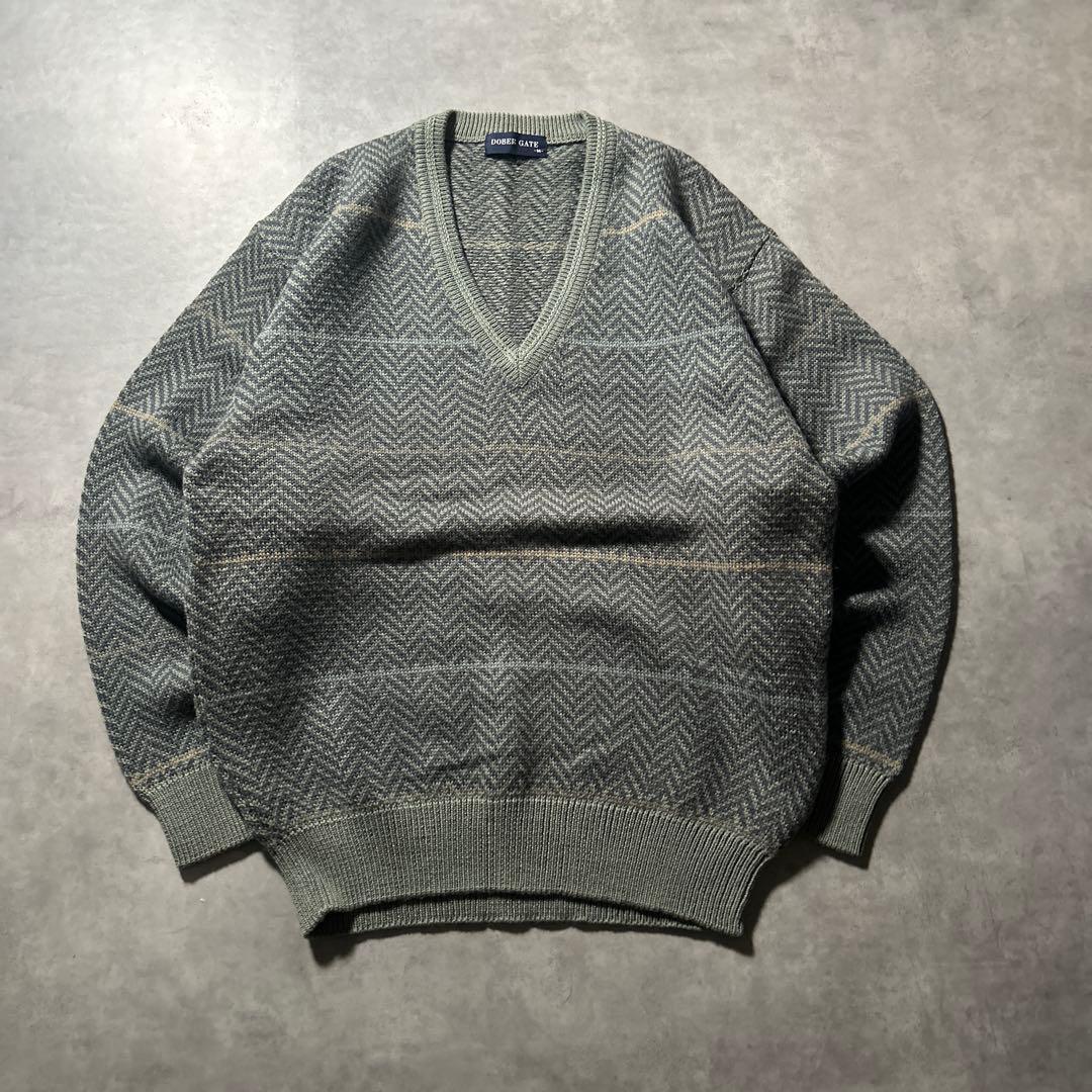 ヴィンテージ 幾何学 模様 Vネック ボーダー デザイン レトロ ニットセーター