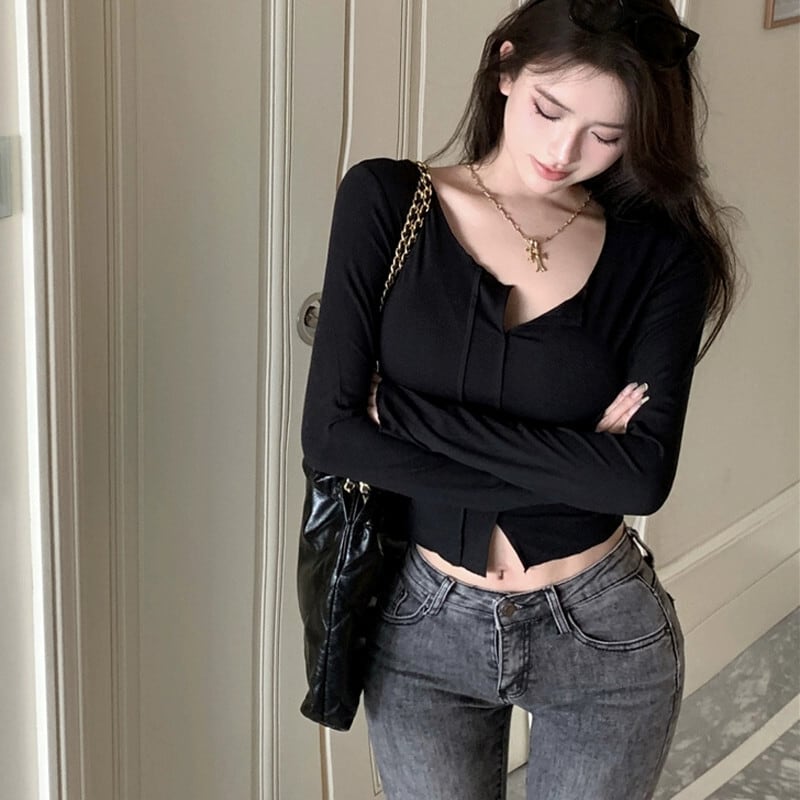 黒の V ネック長袖 Tシャツ女性秋スリムフィットショートフィッシュ