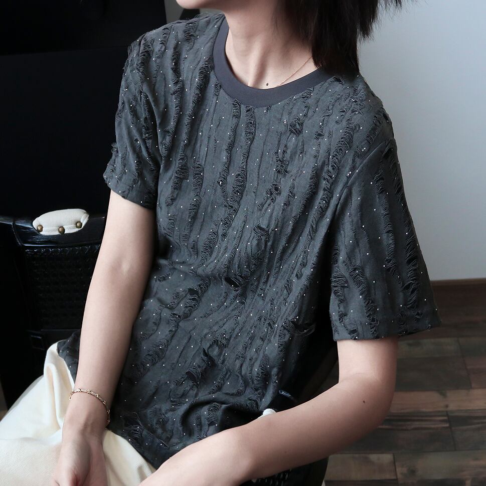 Rhinestone round neck T-shirt in 2 colors S384